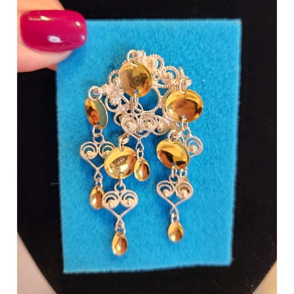 Sølje Sterling Silver Heart Scroll Dangle Brooch Gold Vermeil Pin Wedding Norway